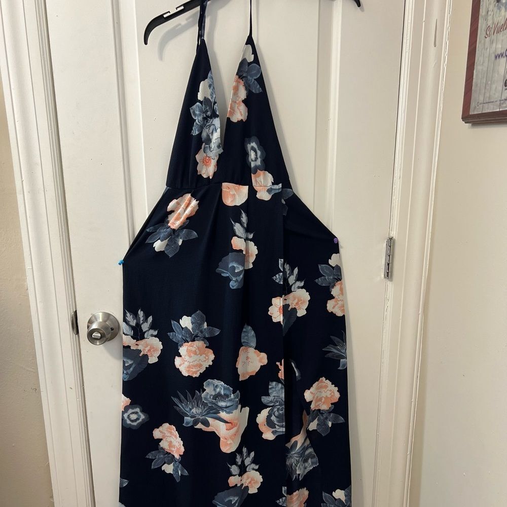 Simplee Floral Halter Maxi Dress Womens Medium Navy Blue Pink Backless Sundress